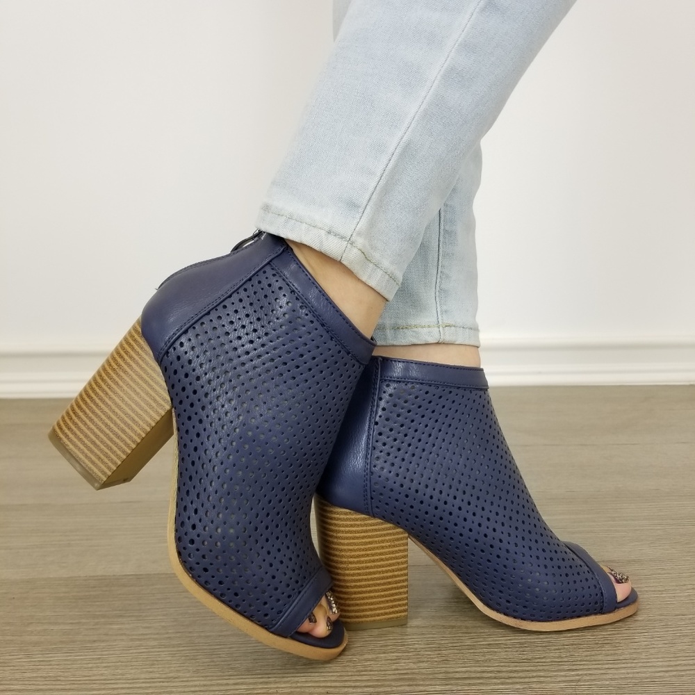 Navy Perforated Heeled Open Toe Ankle Boots - Picture 6 of 7